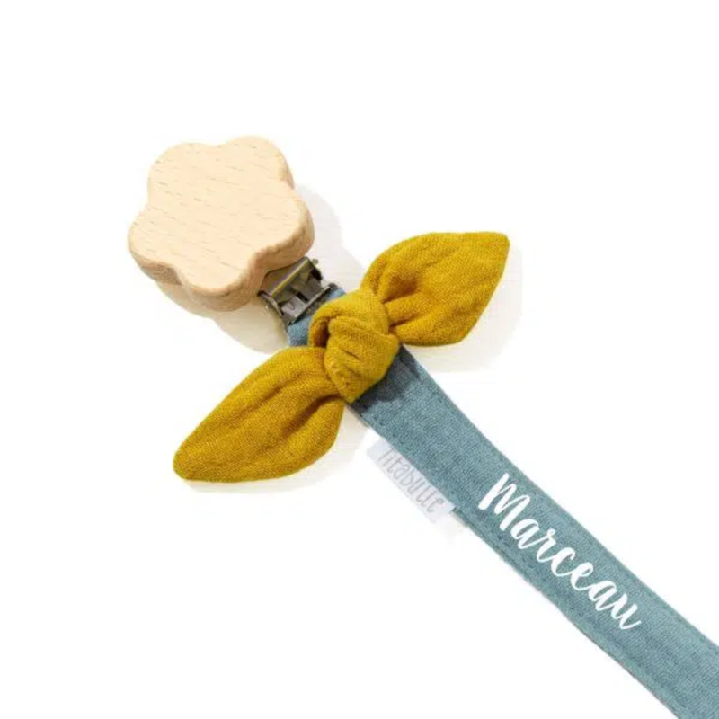 Attache tétine personnalisée - Double gaze de coton + fleur