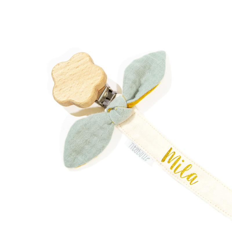Attache tétine personnalisée - Double gaze de coton + fleur