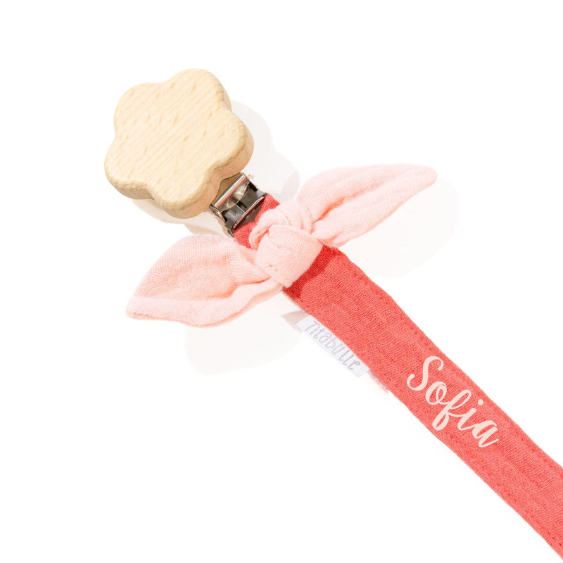 Attache tétine personnalisée - Double gaze de coton + fleur