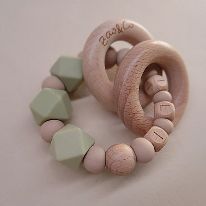 Anneau de dentition - hochet personnalisé - Modèle Hêtre & Silicone