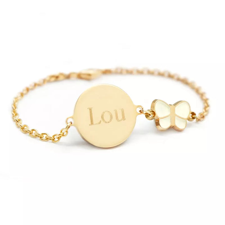 Bracelet personnalisé plaqué or - Médaille et papillon