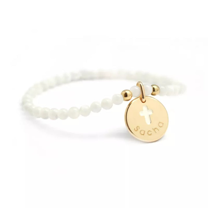 Bracelet perles Plaqué Or - Médaille croix Ivoire