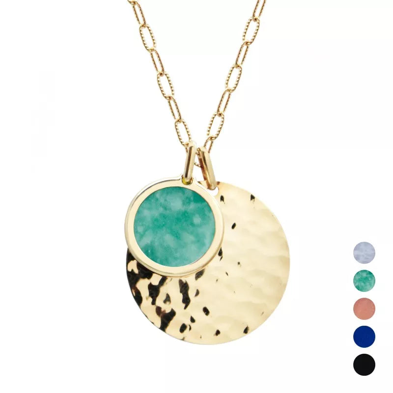 Collier médaille martelée et pierre fine personnalisé - Chaîne mailles allongées - Plaqué Or