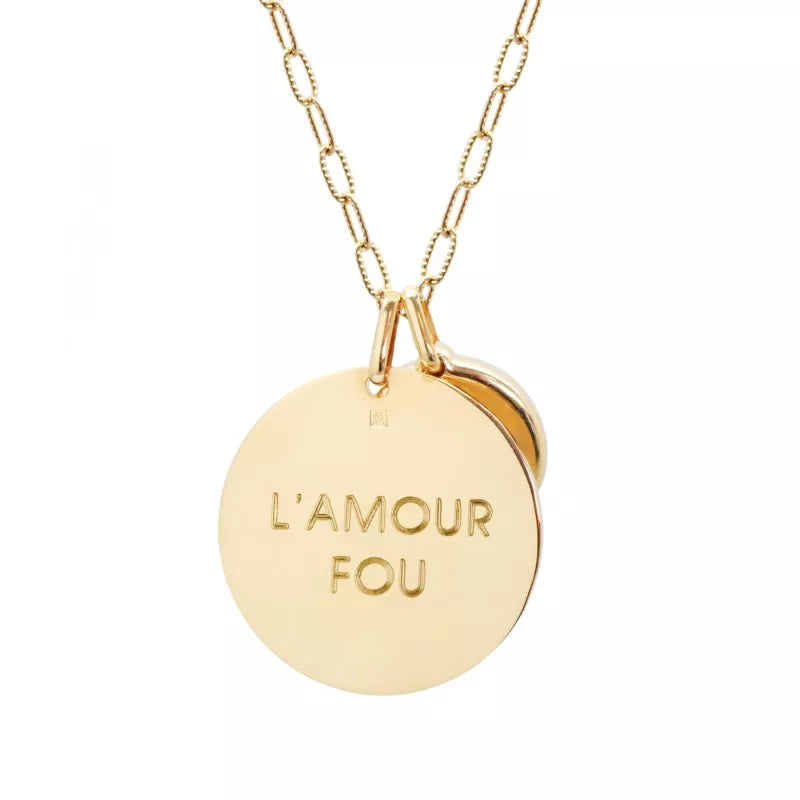 Collier médaille martelée et pierre fine personnalisé - Chaîne mailles allongées - Plaqué Or