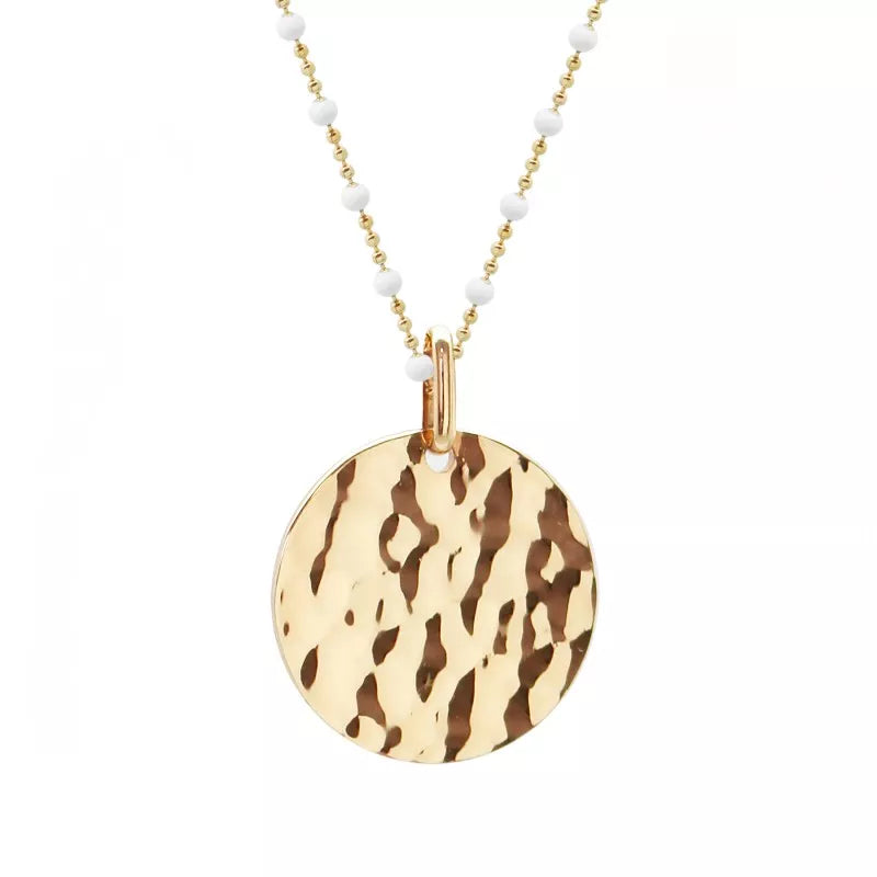 Collier chaîne perles émaillées personnalisé - Médaille martelée  - Plaqué Or
