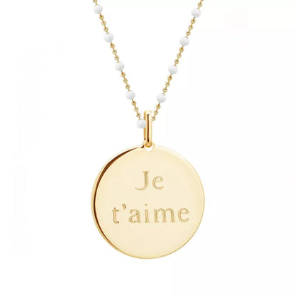 Collier chaîne perles émaillées personnalisé - Médaille martelée  - Plaqué Or