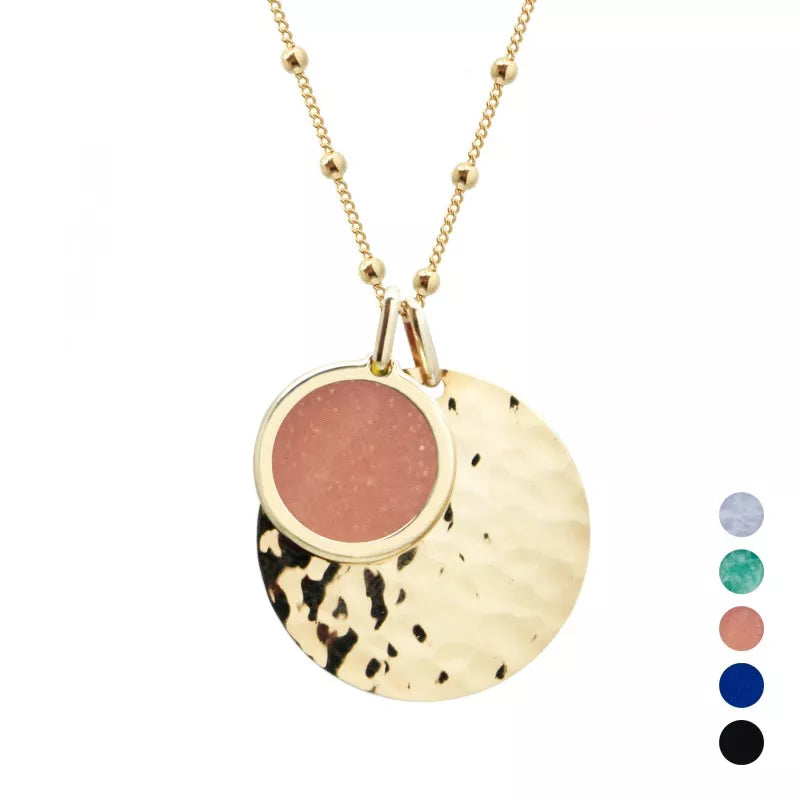 Collier médaille martelée et pierre fine personnalisé - Chaîne perlée - Plaqué Or
