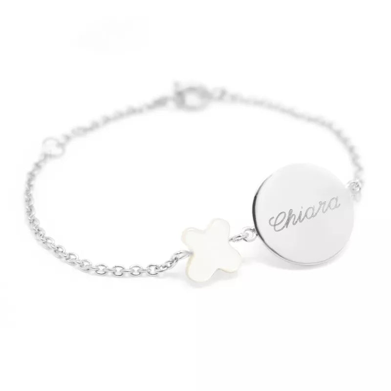 Bracelet Gourmette enfant personnalisé - Argent et Nacre blanche