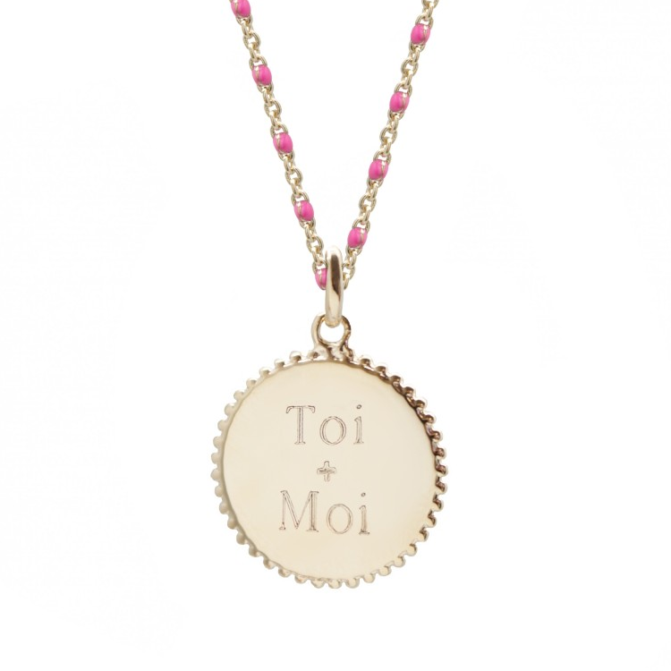 Collier chaîne émaillée personnalisé - Médaille soleil - Plaqué Or