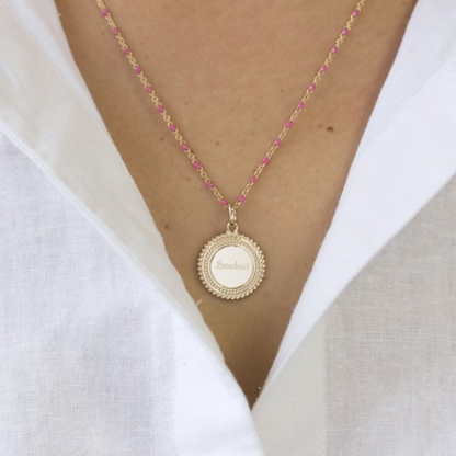 Collier chaîne émaillée personnalisé - Médaille soleil - Plaqué Or
