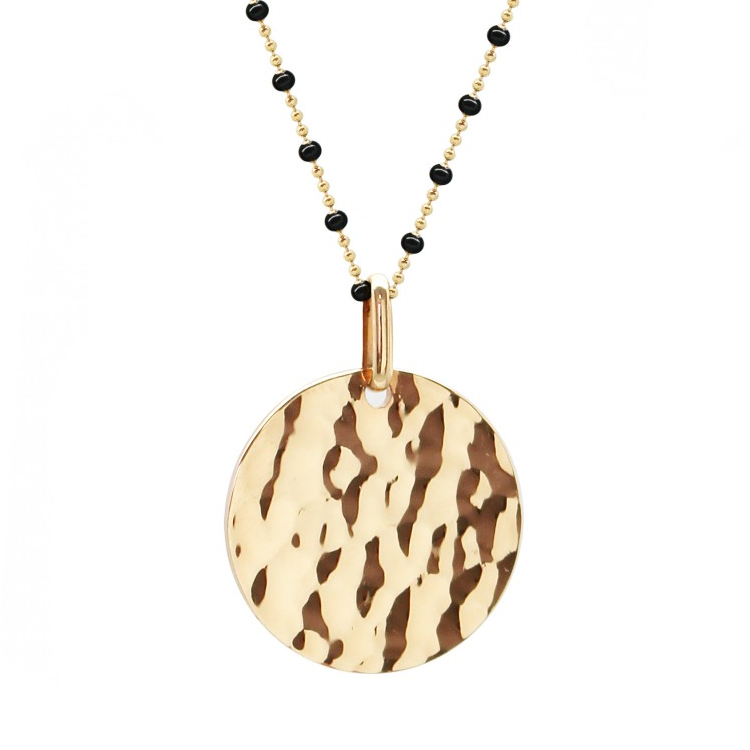 Collier chaîne perles émaillées personnalisé - Médaille martelée  - Plaqué Or
