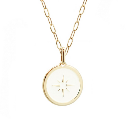 Collier personnalisé médaille ivoire rose des vents - Chaîne mailles allongées - Plaqué Or