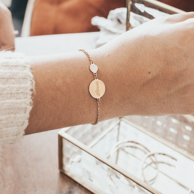 Bracelet médaille et pierre fine personnalisé - Plaqué Or ou Argent