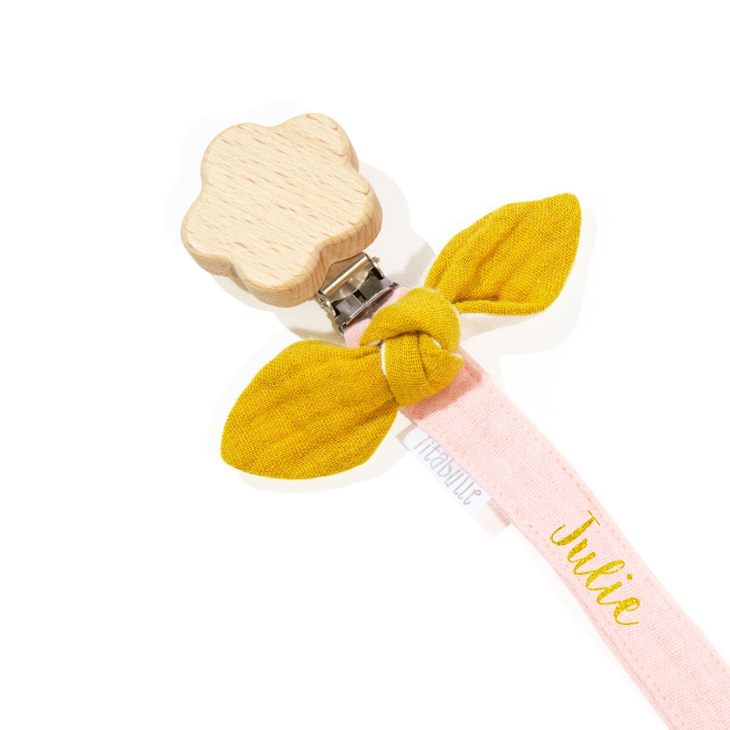Attache tétine personnalisée - Double gaze de coton + fleur